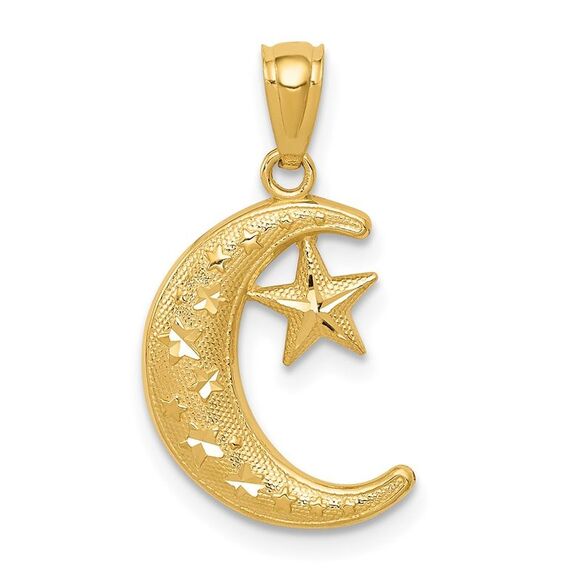14k Yellow Gold Crescent Moon and Stars Pendant, 12mm - Picture 1 of 5